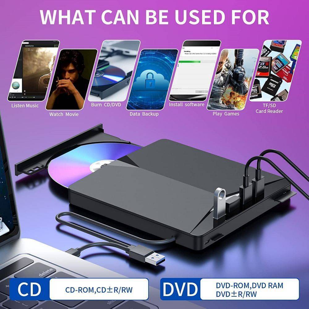 External CD DVD Drive USB 3.0 Writer Burner Reader Player For Windows 7 8 10 11